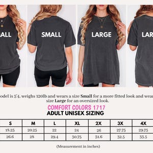 May include: Four images show a dark gray t-shirt in sizes Small and Large. The text "SMALL" and "LARGE" are printed on the shirts. A size chart in inches is included, detailing width and length measurements for sizes S to 4X.