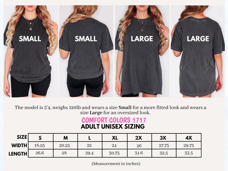 May include: Four images show a dark gray t-shirt in sizes Small and Large. The text "SMALL" and "LARGE" are printed on the shirts. A size chart in inches is included, detailing width and length measurements for sizes S to 4X.