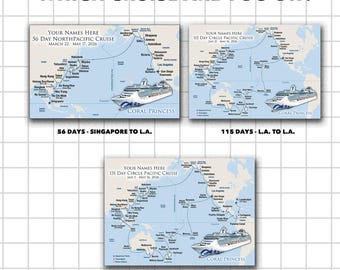 Coral Princess World Cruise 2026 Magnet Map - 131, 115, or 56 days - personalize it!