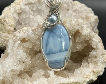 Owyhee Blue Opal with Pearl Accent Wire Wrapped in Sterling Silver