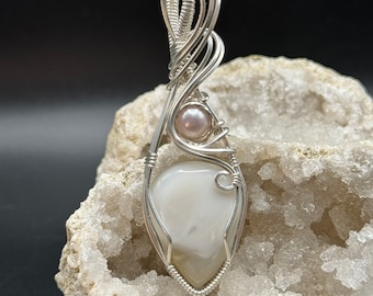 Dendrite Opal Wire Wrapped in Sterling Silver with Pearl Accent Pendant.