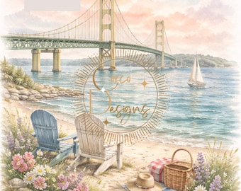 Michigan Watercolor Wall Art, Mackinac Bridge, Lighthouse (PNG Digital Download)