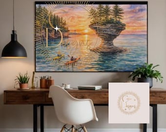 Michigan Lake Huron Turnip Rock Inspired Watercolor PNG | Wall Art | Shirt Design | Digital Download | Sublimation | DTF Print File Canoe