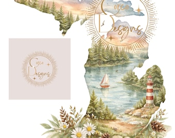 Michigan State Mackinac Bridge Water Color PNG Digital Download, Pure Michigan, Up North, Shirt Design, Light House, Pastel, Lake