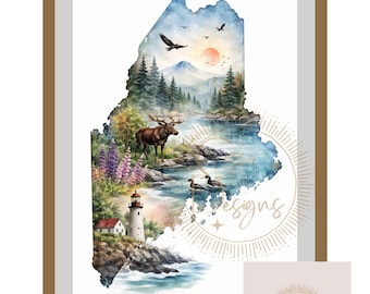 Maine State, PNG Digital Download, Watercolor, Silhouette Design, Shirt Design, Mug, Wall Art, Outdoors, Fishing, Wildlife