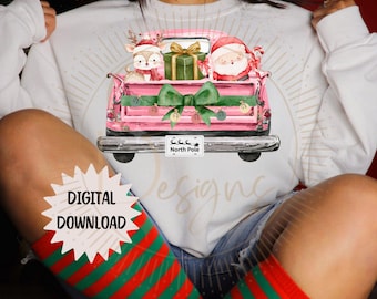Santa Reindeer Vintage Truck Whimsical Look, PNG File, Digital Download, Pink Truck, North Pole, Christmas Shirt Design, Ugly Sweater