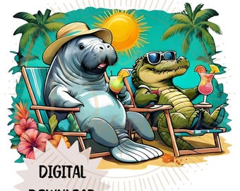 Manatee Alligator Cocktail Beach Chair, PNG Digital Download, Sublimation, Shirt, dtf, uvf Design, Coffee Mug, no snow, Florida Keys