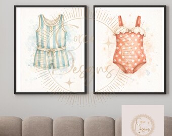 Vintage Watercolor Boys & Girls Bathing Suits PNG | Wall Art | Shirt Design | Digital Download | Sublimation | DTF Print Files 2 Included