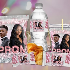May include: A collection of custom-designed prom party favors. The set includes a water bottle, chip bag, juice box, and candy bar, all featuring a photo of a young couple, pink balloons, and the word "PROM" with the date May 25th, 2024.