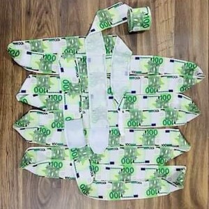 May include: A roll of white ribbon with a repeating pattern of 100 Euro bills. The ribbon is unrolled and folded in a decorative way.