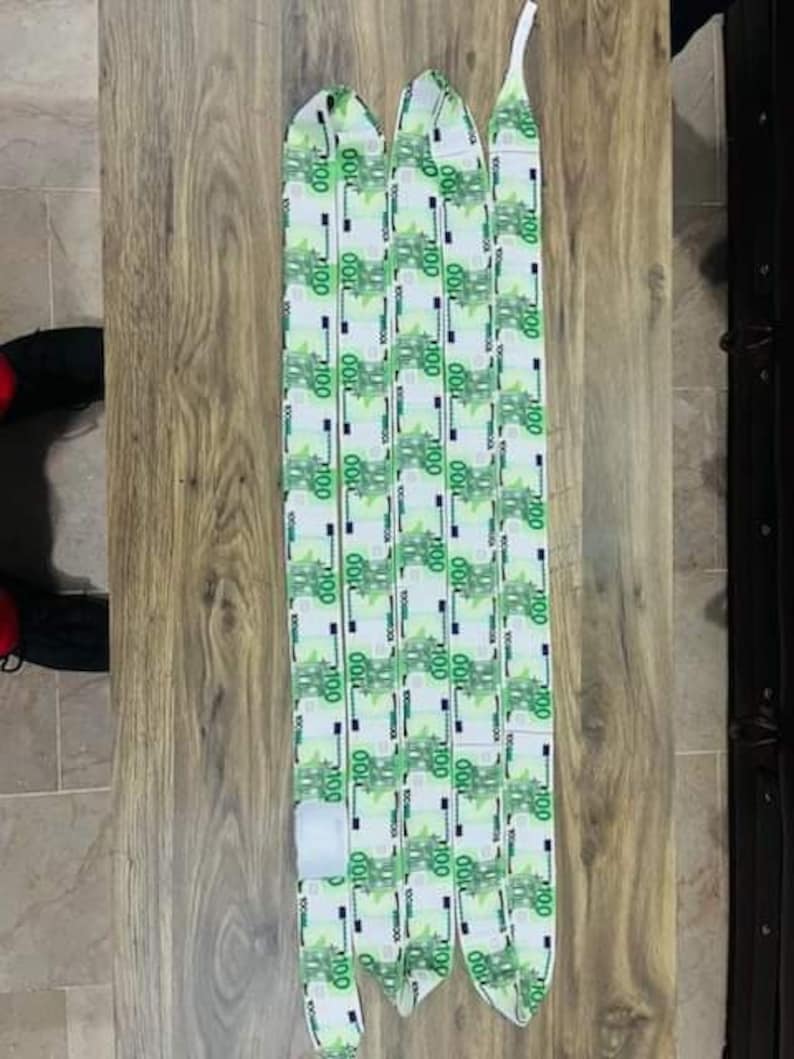 May include: Three white shoelaces with a green and white pattern of 100 euro bills.