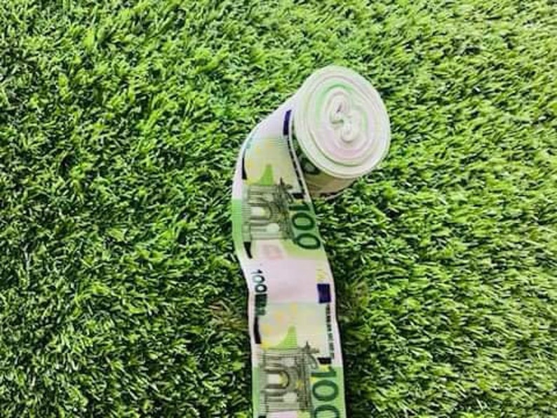 May include: A roll of decorative ribbon featuring a repeating pattern of 100 Euro bills. The ribbon is white with blue and green accents.