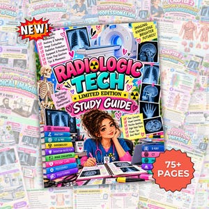May include: A Radiologic Tech Limited Edition Study Guide book cover featuring a cartoon student, a skeleton, medical imaging scans, and text including Radiologic Tech, Limited Edition, Study Guide, and Imaging Knowledge Brighter Futures.