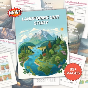 Op de afbeelding: Een verzameling educatief materiaal voor een landvormen unit study. De omslag toont een kleurrijke illustratie van een landschap met bergen, een rivier en bomen. Het materiaal bevat werkbladen, activiteiten en een welkomstbrief. De tekst bevat "Landforms Unit Study" en "85+ Pages."