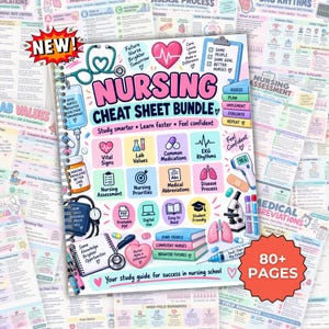 Può includere: Un set di fogli di riferimento per infermieristica rilegato a spirale con una copertina colorata che presenta illustrazioni mediche tra cui uno stetoscopio, un cuore e libri. Il testo recita Nursing Cheat Sheet Bundle, Study smarter, Learn faster, Feel confident, 80+ pages.