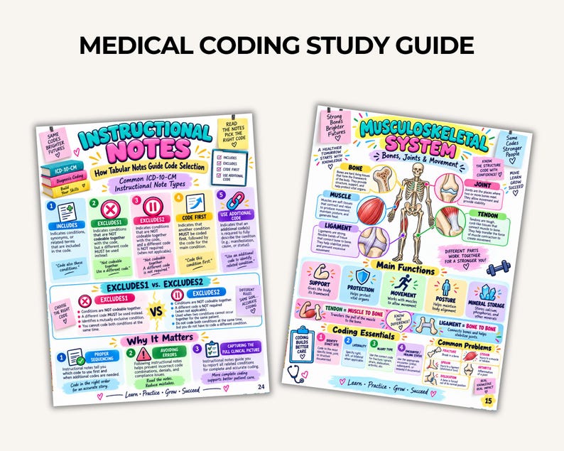 K&ouml;nnte beinhalten: Ein medizinischer Kodierungs-Studienleitfaden mit zwei Bildungsseiten. Die linke Seite erkl&auml;rt instruktive Notizen und ICD-10-CM-Kodierungsregeln. Die rechte Seite veranschaulicht das Muskel-Skelett-System, einschlie&szlig;lich Knochen, Gelenken und Muskeln.