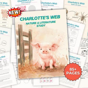 May include: Educational worksheets and a study guide for "Charlotte's Web." The cover shows a pig illustration. Worksheets cover vocabulary, character traits, and a spider life cycle. Includes over 85 pages of activities.