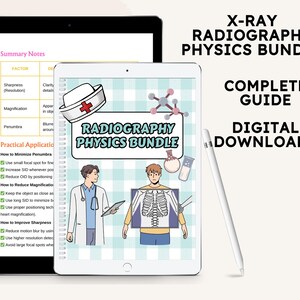 May include: Two digital tablets displaying a colorful graphic of a person with an x-ray of their skeleton. The text on the tablets reads "Radiography Physics Bundle" and "Complete Guide".
