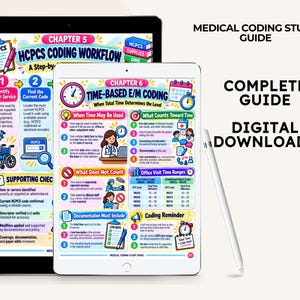 K&ouml;nnte beinhalten: Zwei digitale Tablets mit einem medizinischen Kodier-Studienleitfaden mit farbenfrohen Infografiken, Text und Symbolen. Die Bildschirme zeigen Kapitel 5 HCPCS Coding Workflow und Kapitel 6 Time-Based E/M Coding. Ein wei&szlig;er Eingabestift liegt daneben.
