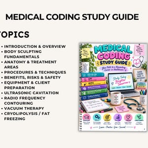 K&ouml;nnte beinhalten: Ein spiralgebundener medizinischer Kodierungs-Studienf&uuml;hrer mit einem bunten Einband, der den Text Medical Coding Study Guide, einen Laptop, ein Stethoskop, eine Tasse und eine Themenliste mit Body Sculpting und Kryolipolyse enth&auml;lt.