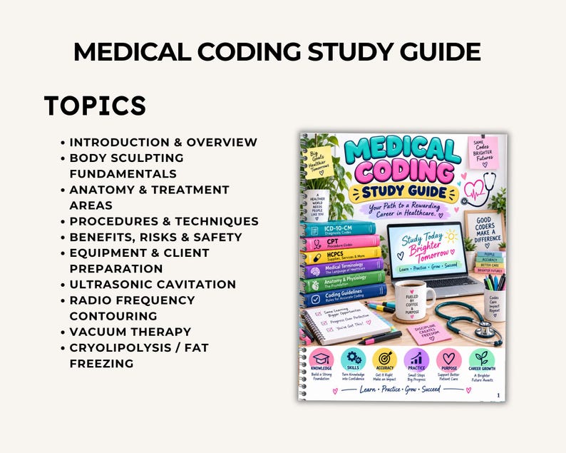 K&ouml;nnte beinhalten: Ein spiralgebundener medizinischer Kodierungs-Studienf&uuml;hrer mit einem bunten Einband, der den Text Medical Coding Study Guide, einen Laptop, ein Stethoskop, eine Tasse und eine Themenliste mit Body Sculpting und Kryolipolyse enth&auml;lt.