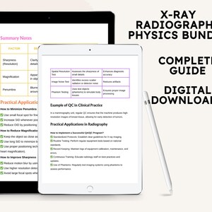 May include: Two digital tablets displaying a guide to X-ray radiography physics. The guide includes a table with factors affecting image quality, such as sharpness, magnification, and penumbra, and their practical applications. The guide also includes a section on quality control in clinical practice and practical applications in radiography.