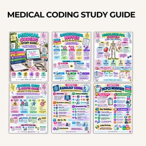 K&ouml;nnte beinhalten: Ein medizinisches Kodierungs-Lernleitfaden-Set mit sechs farbenfrohen, illustrierten Seiten, die Text zu Hinweisen, dem Bewegungsapparat, externen Ursachencodes, Radiologie-Kodierung und HCPCS-Modifikatoren sowie Diagramme enthalten.