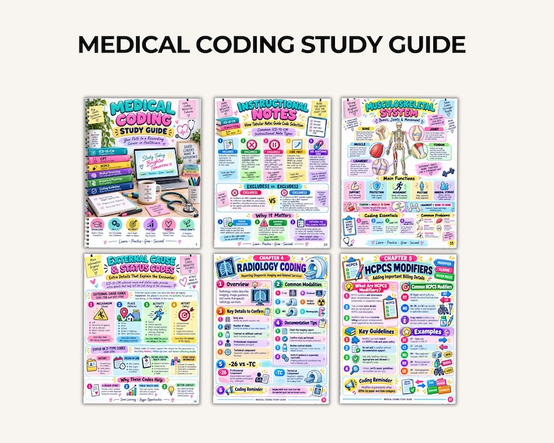 K&ouml;nnte beinhalten: Ein medizinisches Kodierungs-Lernleitfaden-Set mit sechs farbenfrohen, illustrierten Seiten, die Text zu Hinweisen, dem Bewegungsapparat, externen Ursachencodes, Radiologie-Kodierung und HCPCS-Modifikatoren sowie Diagramme enthalten.