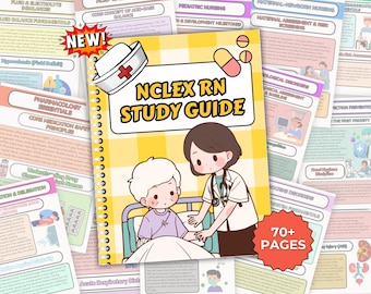 May include: A spiral-bound "NCLEX RN Study Guide" with a cartoon illustration of a nurse and patient. The cover is yellow with the title in large, bold letters. Surrounding the guide are several pages with medical information. A red sticker says "70+ PAGES".