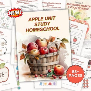 May include: A collection of educational materials for homeschooling, featuring an apple unit study. The cover displays a watercolor illustration of a basket overflowing with red apples. The text reads "APPLE UNIT STUDY HOMESCHOOL" with additional pages showing activities and information.