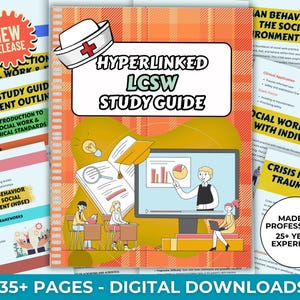 Puede incluir: Una guía de estudio LCSW digital con más de 135 páginas, con un gráfico de gorro de enfermera y el texto "Hyperlinked LCSW Study Guide". La guía incluye esquemas de contenido e información sobre trabajo social y estándares éticos.
