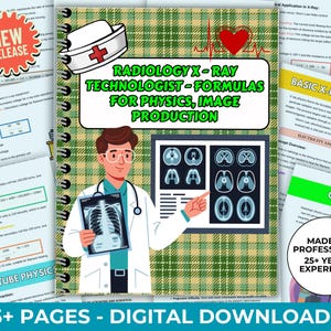 Könnte beinhalten: Ein digitaler Download mit dem Titel "Radiologie Röntgenassistent - Formeln für Physik, Bildproduktion". Das Cover zeigt eine Illustration eines Arztes, der ein Röntgenbild hält, mit medizinischen Diagrammen und dem Text "45+ Seiten - Digitale Downloads."