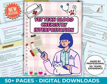 Puede incluir: Una guía ilustrada rosa y blanca para técnicos veterinarios sobre la interpretación de la química sanguínea. La portada presenta a un veterinario de dibujos animados con un estetoscopio y un gato. El título es "Vet Tech Blood Chemistry Interpretation". El texto "50+ Páginas - Descargas digitales" está en la parte inferior de la portada.