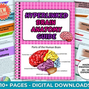 Può includere: Una guida rilegata a spirale intitolata "Hyperlinked Brain Anatomy Guide" con un diagramma colorato del cervello. La guida include sezioni sulle funzioni cerebrali e sui meccanismi di protezione. La copertina presenta il testo "Nuova uscita" e "110+ pagine - Download digitali".