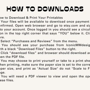 K&ouml;nnte beinhalten: Eine Anleitungsgrafik mit der &Uuml;berschrift HOW TO DOWNLOAD in fettgedrucktem schwarzem Text. Sie enth&auml;lt sieben nummerierte Schritte zum Herunterladen und Drucken digitaler Dateien von Etsy, einschlie&szlig;lich Anweisungen zum Zugriff auf K&auml;ufe und zum Drucken in Originalgr&ouml;&szlig;e.