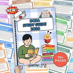 Puede incluir: Una Guía de Estudio BCBA 2026 con una ilustración de dibujos animados de una persona leyendo un libro. La portada presenta un gorro de enfermera y una abeja leyendo un libro. La guía incluye más de 70 páginas.