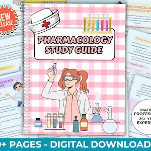 May include: A pink and white checkered study guide with the title "Pharmacology Study Guide" in bold black text. The cover features a cartoon illustration of a female pharmacist wearing a white lab coat, a red cross hat, and safety goggles. She is holding a test tube and a beaker. The guide is made by a professional with 25+ years of experience.