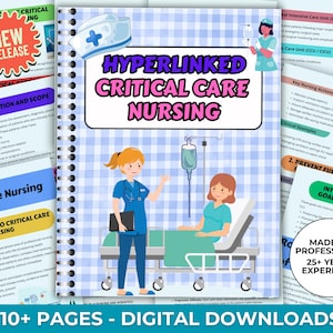 Puede incluir: Una descarga digital titulada "Hyperlinked Critical Care Nursing" con ilustraciones de enfermeras y pacientes. La portada presenta el texto "New Release" y "110+ Pages - Digital Downloads". El producto se describe como "Made by Professional" con "25+ Years Experience".