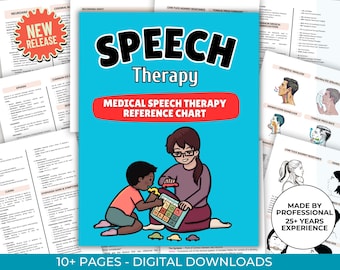 May include: A blue and red digital download chart for speech therapy. The chart features a cartoon illustration of a child and adult working together. The text "Speech Therapy" is in large, bold letters. The chart includes the text "Medical Speech Therapy Reference Chart" and "10+ Pages - Digital Downloads".