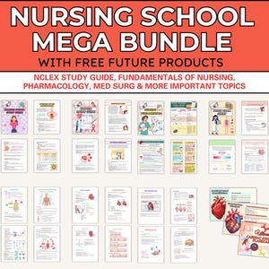 May include: A collection of study guides and flashcards for nursing students. The title "NURSING SCHOOL MEGA BUNDLE" is displayed at the top, with the text "WITH FREE FUTURE PRODUCTS" below it. The bundle includes topics like NCLEX study guides and pharmacology.