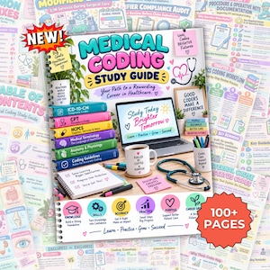 Puede incluir: Una guía de estudio de codificación médica con encuadernación en espiral y una portada colorida que muestra un portátil, un estetoscopio, una taza de café y libros de texto apilados. La portada incluye texto como Medical Coding Study Guide.