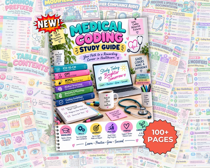 K&ouml;nnte beinhalten: Ein spiralgebundenes medizinisches Kodier-Lernbuch mit einem bunten Einband, der einen Laptop, ein Stethoskop, eine Kaffeetasse und gestapelte Lehrb&uuml;cher zeigt. Der Einband enth&auml;lt Text wie Medical Coding Study Guide und 100+ Pages.