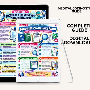 K&ouml;nnte beinhalten: Zwei digitale Tablets mit Lernhilfen f&uuml;r medizinische Kodierung. Der gr&ouml;&szlig;ere Bildschirm zeigt Kapitel 7 Procedure & Operative Note Documentation, der kleinere zeigt Kapitel 8 Modifier Compliance Audit, daneben liegt ein wei&szlig;er Eingabestift.