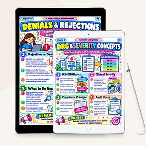 K&ouml;nnte beinhalten: Zwei digitale Tablets mit farbenfrohen Lernhilfen zur medizinischen Kodierung. Der gr&ouml;&szlig;ere Bildschirm zeigt Kapitel 10, Denials & Rejections, w&auml;hrend der kleinere Bildschirm Kapitel 9, DRG & Severity Concepts zeigt. Ein wei&szlig;er Eingabestift liegt daneben.