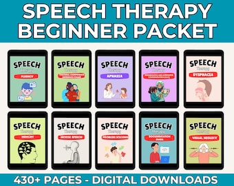 May include: A digital download product for speech therapy. The product includes 10 different guides for speech therapy, each with a different focus. The guides are titled: Fluency, Cultural Competence Reference Chart, Aphasia, Augmentative and Alternative Communication (AAC), Dysphagia, Memory, Motor Speech, Problem Solving, Documentation Guide, and Visual Neglect. The product includes over 430 pages.