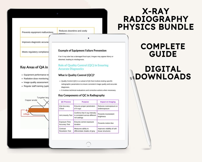 May include: Two digital tablets display a guide for X-ray radiography physics. The guide includes information on quality control, equipment failure prevention, and key areas of quality assurance. The text on the tablets is in black and white, with some text highlighted in blue and pink.