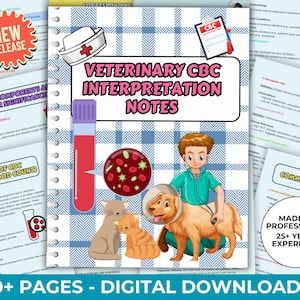 Könnte beinhalten: Ein digitaler Download von veterinärmedizinischen CBC-Interpretationsnotizen. Das Cover zeigt einen Cartoon-Tierarzt, der einen Hund untersucht. Der Text "Veterinary CBC Interpretation Notes" befindet sich auf einem blau-weiß karierten Hintergrund. Die Notizen wurden von einem Fachmann mit über 25 Jahren Erfahrung erstellt.