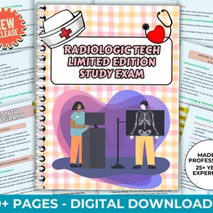 Puede incluir: Una guía de estudio titulada "Radiologic Tech Limited Edition Study Exam" con un gorro de enfermera y un gráfico de estetoscopio. La portada presenta ilustraciones de profesionales médicos y una radiografía de esqueleto. Incluye "50+ PAGES - DIGITAL DOWNLOADS".