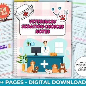 Op de afbeelding: Een digitale download van notities over keuzes voor veterinaire sedatie. De omslag toont een cartoon-dierenarts in een witte jas met een stethoscoop, een plusteken en verschillende cartoondieren. De tekst op de omslag luidt "Veterinary Sedation Choices Notes". De tekst onderaan de omslag luidt "50+ pagina's - Digitale downloads".