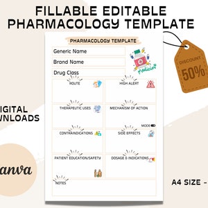 Bearbeitbare Pharmakologie Vorlage - Notiz Vorlage - Med Surg Vorlage - Medikation Vorlage - Krankenpflege Pharmakologie -Pharmacology Nursing